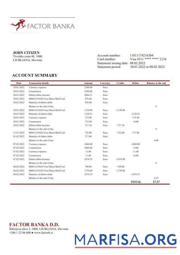 Realistic Slovenia Factor Banka bank statement word sample